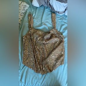 ANTHROPOLOGIE Gold Sequin tank top with cowl neck